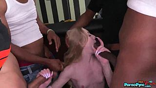 Slender blonde Emma Starletto avenges her cheating boyfriend by pleasuring a group of black men