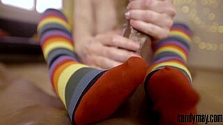Candy may’s big black cock handjob and foot fetish action