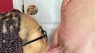 A young black girl gets an interracial sex with a white man and gives him a blowjob