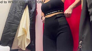 Accidental outdoor try-on of tight pants that enhance the curves of the breasts and nipples
