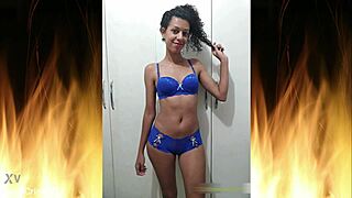 A beautiful brunette in blue underwear shows her body in this trailer