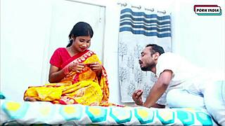A newly married couple is having fun, lying on the bed