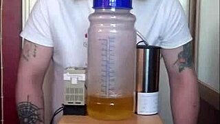 Crossdressing amateur milks cow with portable milking machine